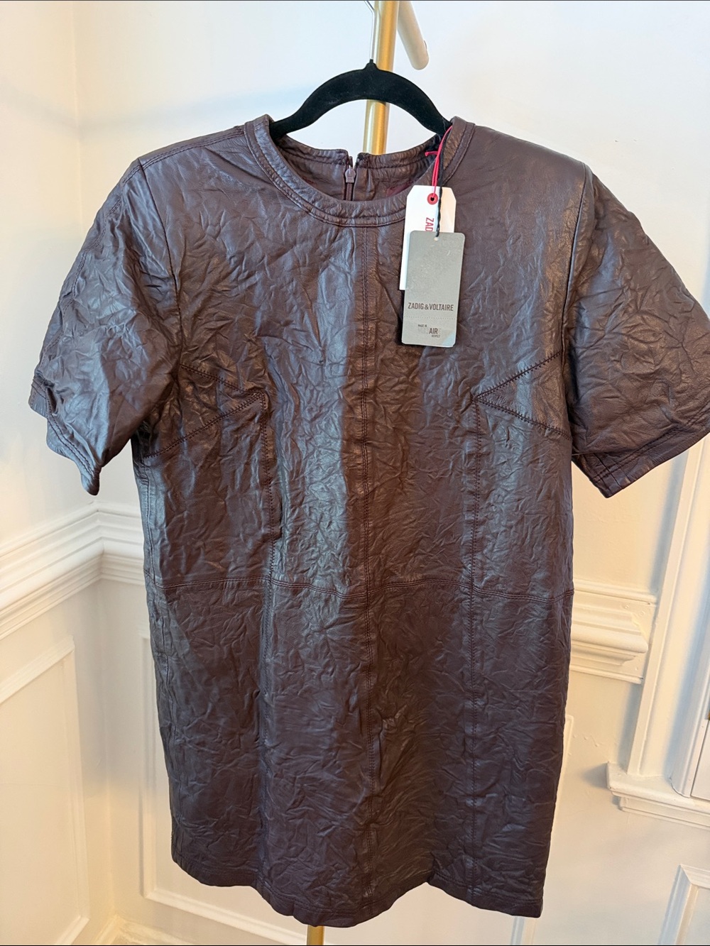 Zadig & Voltaire Brown Crinkled Leather Mini Dress